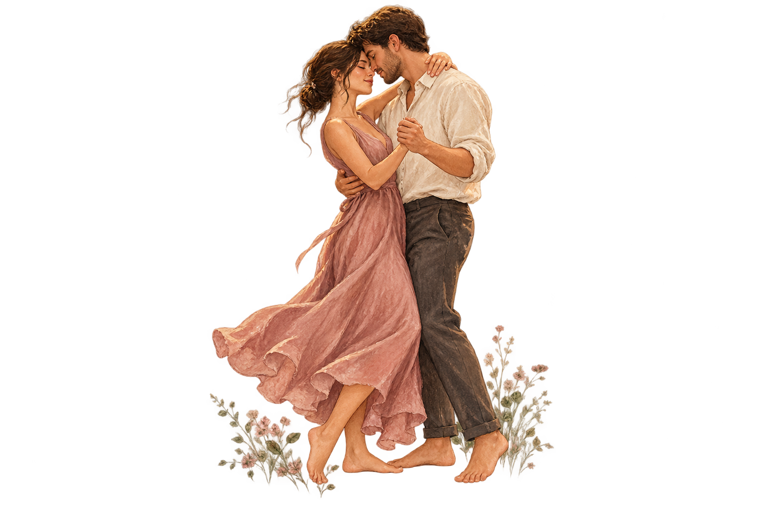 Un couple danse pieds nus, tendrement enlacé